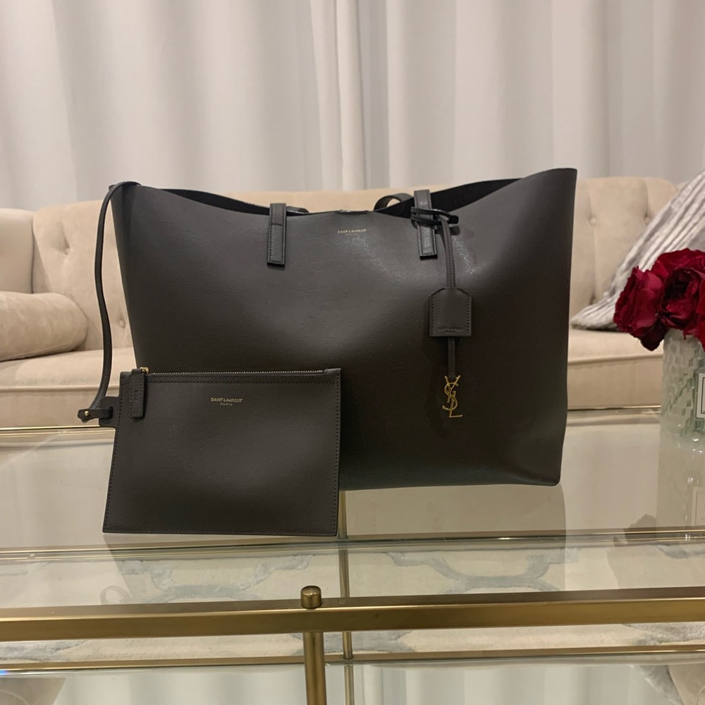 YSL Gray Large Leather Shopper Calfskin Tote + Removable Pouch